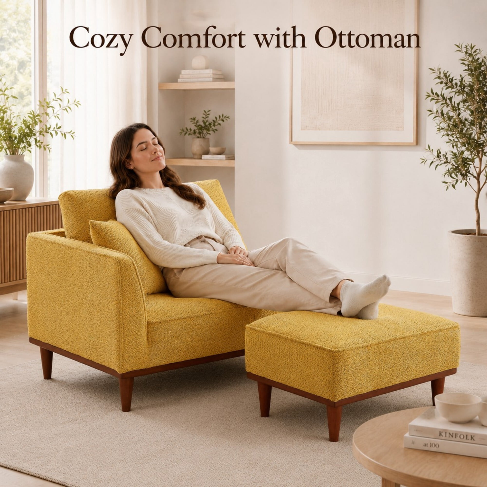 DEALTOPS Convertible Boucle Upholstered Chaise Lounge Chair with Ottoman for Living Room Bedroom, Yellow