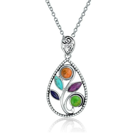 Open Teardrop Multicolor Gemstone Pendant Large Pear Shaped Leaf - Sterling Silver Leaf Pendant Large Open Teardrop Multicolor Gemstone Pendant Large Pear Shaped Leaf - Sterling Silver Leaf Pendant Large