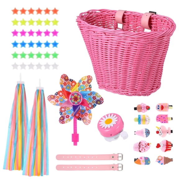 Hengguang 7 Pcs Girl's Bicycle Basket Streamers Set, Adjustable Front Handlebar Bike Basket with Colorful Bike Streamers Bell,Bicycle Windmill, DIY Bike Decoration Accessories Kit for Girls