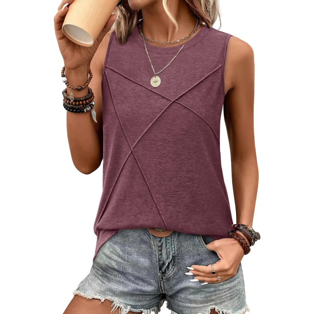 Camiseta Sin Mangas Informal de Cuello Redondo y Corte Holgado para Mujer, Color Rojo Vino M