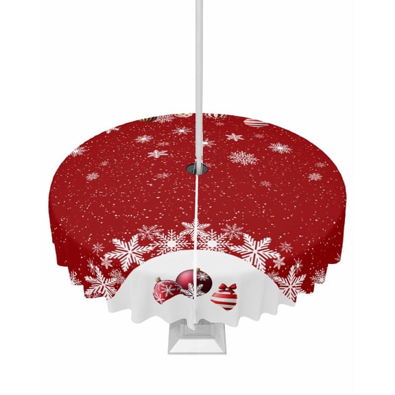 Boanket Outdoor Tablecloth with Umbrella Hole for Patio/Picnic/Party/Camping, Red Christmas Waterproof Table Cloth Round Cover Washable, Xmas Balls White Snowflake Dia 60"