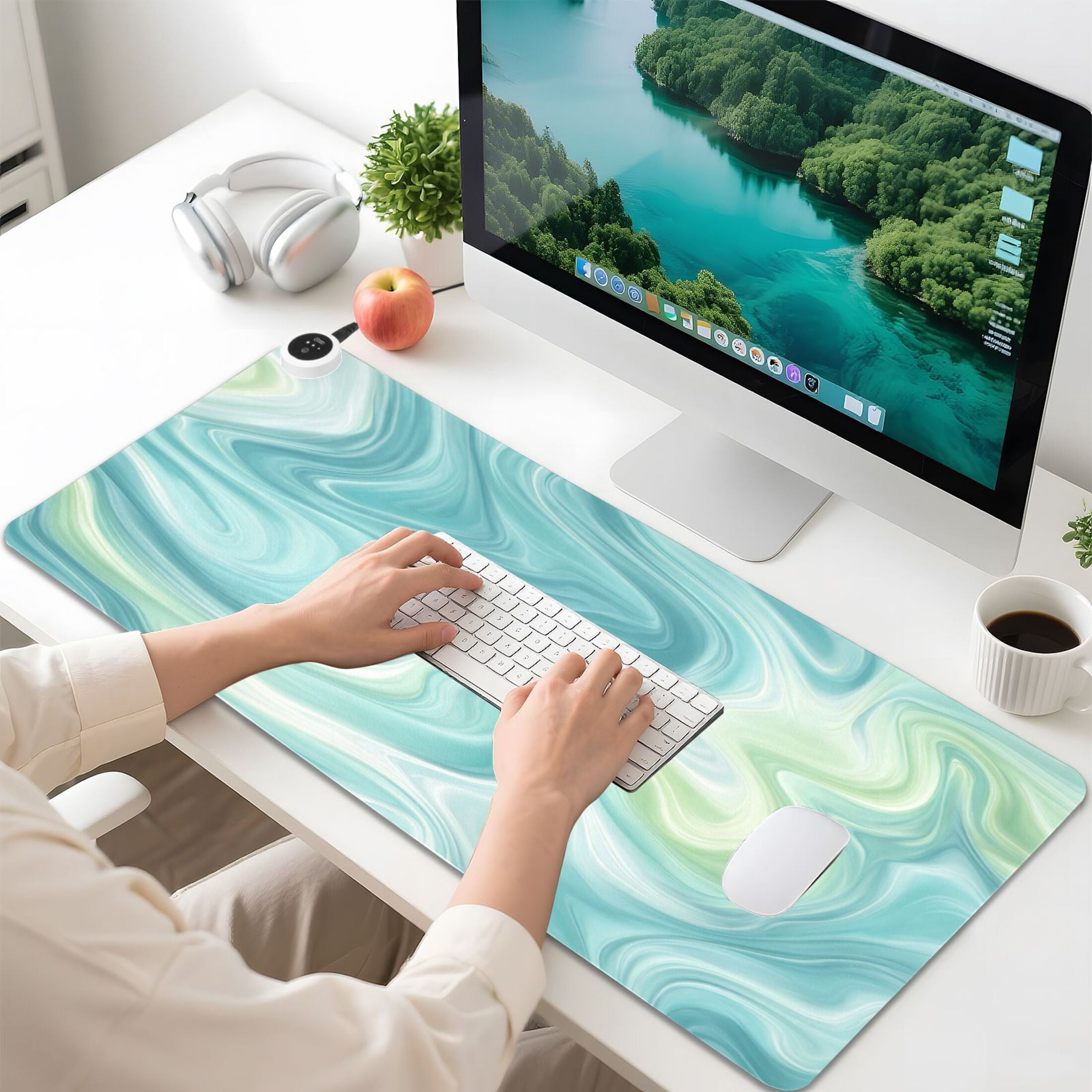 Large Heated Desk Mat Mouse Pad 31.5"x13"PU Leather Graphene Heating Desk Warmer with 3 Temperature Settings 110V US Plug Non-Slip Warm Pad for Home, Office, and Gaming Oceanic Liquid Marble Design