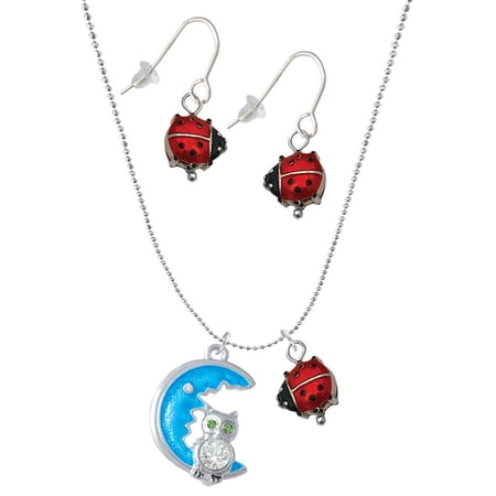 Delight Jewelry Silvertone Large Clear Crystal Owl on Hot Blue Moon Red Lucky Ladybug Necklace and Dangle Earrings Set