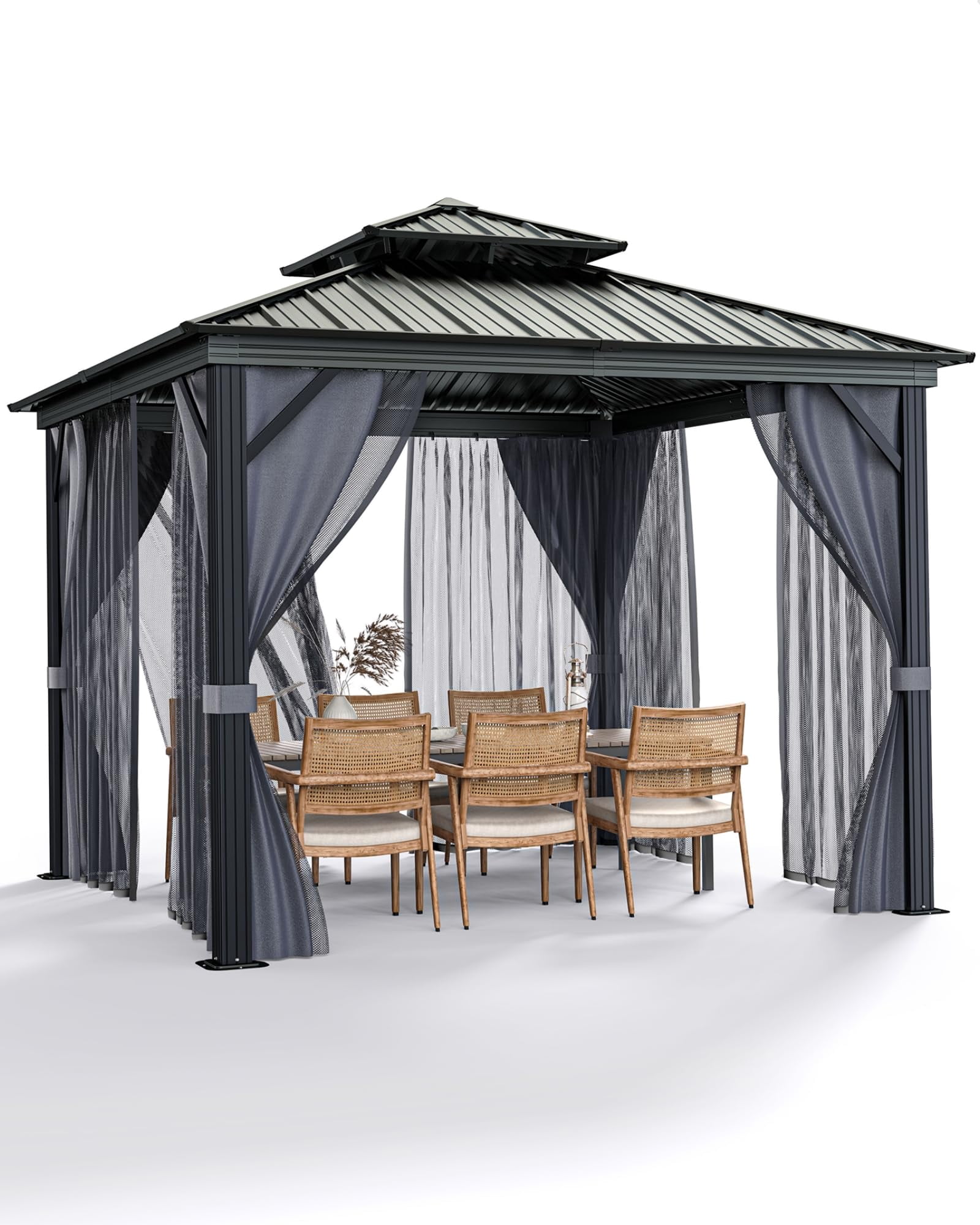 Garvee Double Roof Hardtop Gazebo, Durable Aluminum Frame, Mosquito Netting & Privacy Curtains – Outdoor Pavilion Canopy for Patio, Garden, Deck, Backyard Parties – Black + Gray, 10x10FT