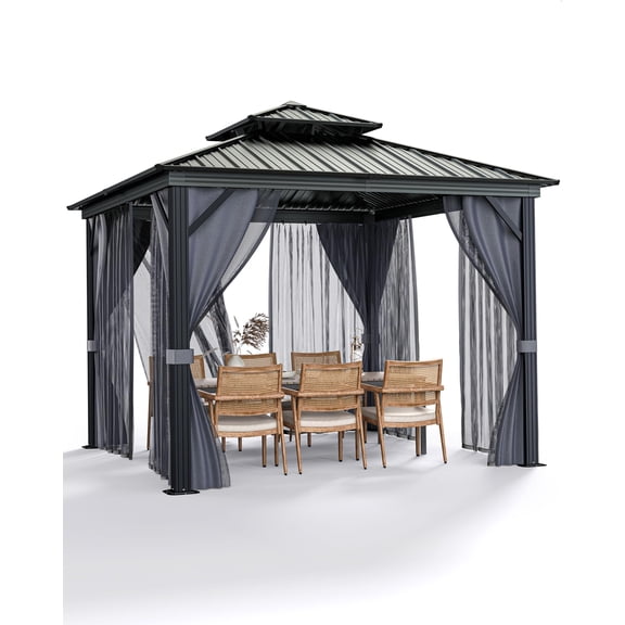 Garvee Hardtop Gazebo 8 ft x8 ft for All Weather, with Double Metal Roof, Aluminum Alloy Frame, Net, and Curtain, Permanent Building for Patio, Deck, Backyard, Lawn, and Garden