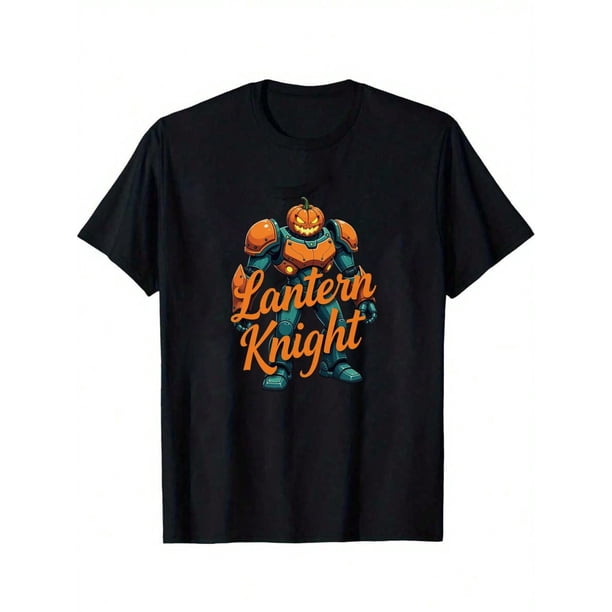Boys Halloween Pumpkin Robot Graphic T-Shirt, Black Casual Style Halloween Shirts With Lantern Knight, Girls/Boys Fall Clothes, Round Neck Short Sleeve T-Shirt, Funny Fashion Design Kids Clothes Boy
