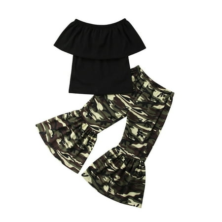 Baby Girl Boutique Clothing Newborn Toddler Baby Girls kids clothes Summer Off-shoulder solid Ruffle sleeveless pullover Tops camouflage Flared Pants 2pc cotton summer outfits ()