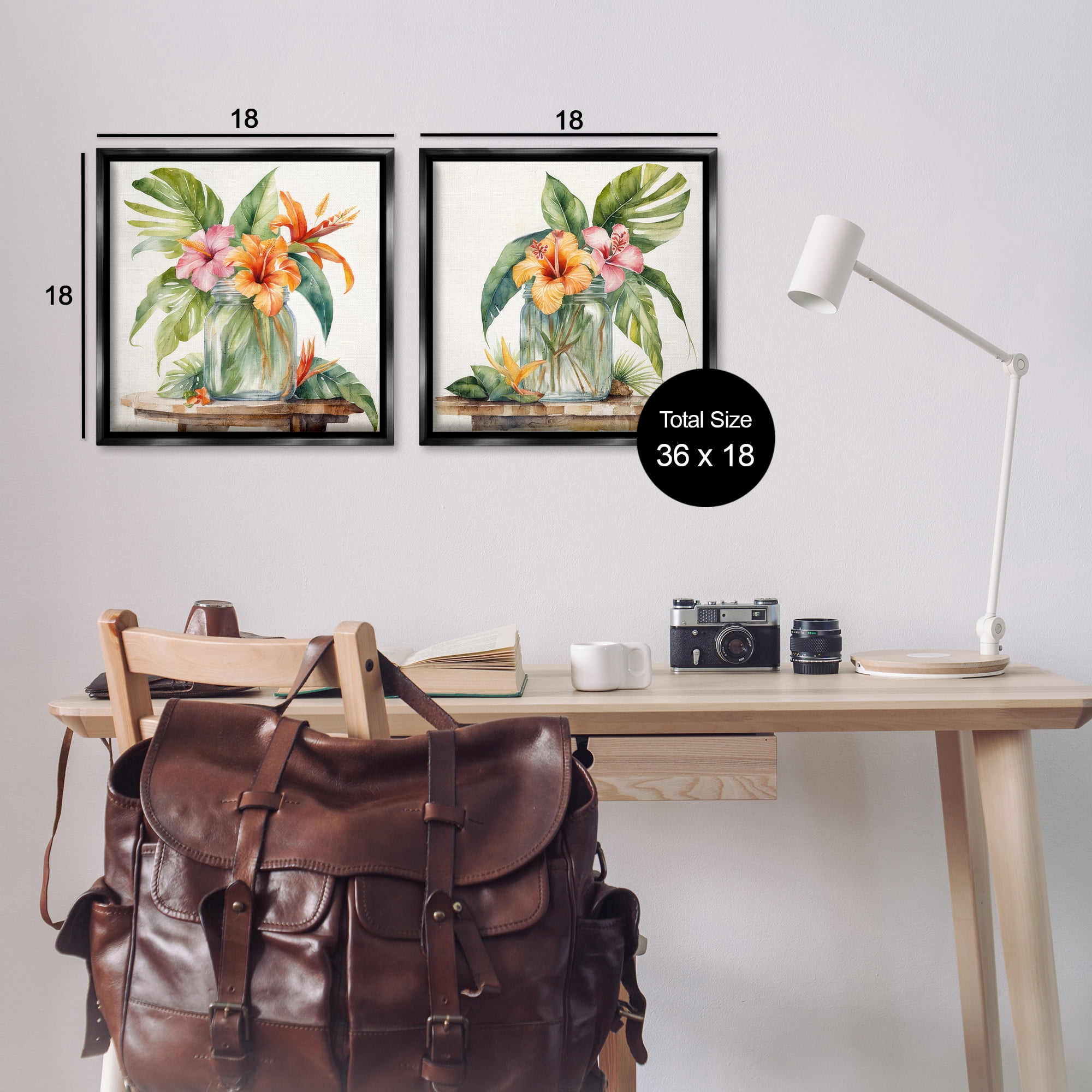 Stupell Industries Tropical Hibiscus Floral Jar Plants & Flowers Painting Black Floater Framed Canvas Art Print Wall Art, 18 x 18, Set of 2