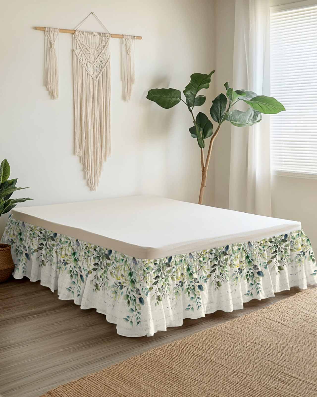 Pastoral Floral Plant Bed Skirt Queen Size 16" Drop Sage Green Eucalyptus Leaves Beige Ruffled Wrap Around Bed Skirts Adjustable Elastic Bedskirt Dust Ruffle for Queen Size Bed