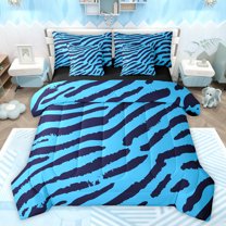jejeloiu Neon Zebra Texture 7 Pieces Bedding Comforter Set,Zebra Stripes Full Bedding Set,Blue Black Fitted Sheet Flat Sheet For Ggirls Kids,Luxury Bedroom Decor Reversible