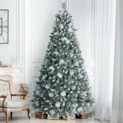 9ft Pre-Lit Pine Christmas Tree, ANOTHERME 750 Warm Lights UL Certified, Pine Cones &Berries Hinged Artificial Trees Flocked Holiday Decor - Blue