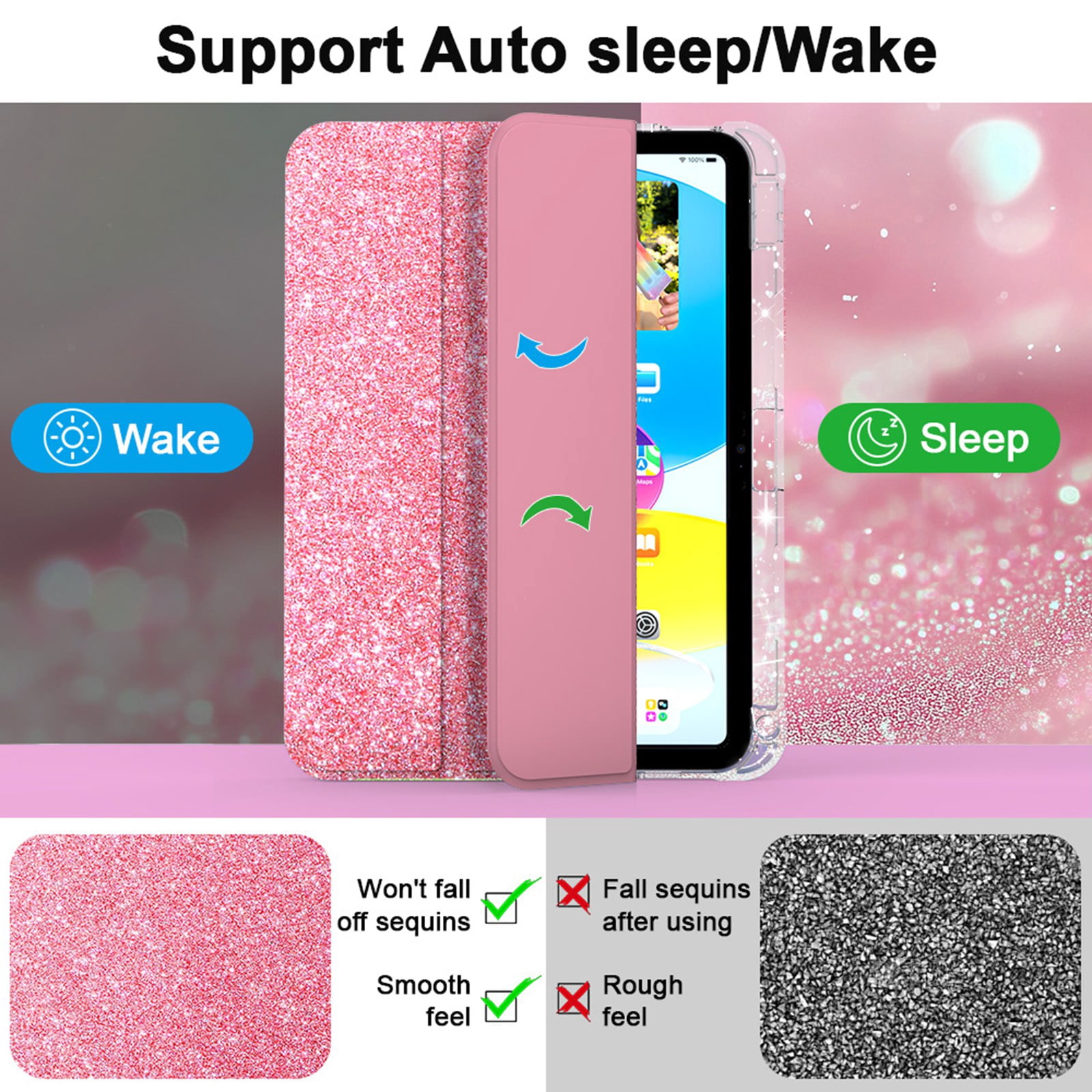 ELEHOLD Glitter Case for  iPad 9th/8th/7th Generation with Pencil Holder,  Auto Sleep/Wake Magnetic Stand Cover, Sparkly Clear Back Shell with Tri-Fold Stand , Pink