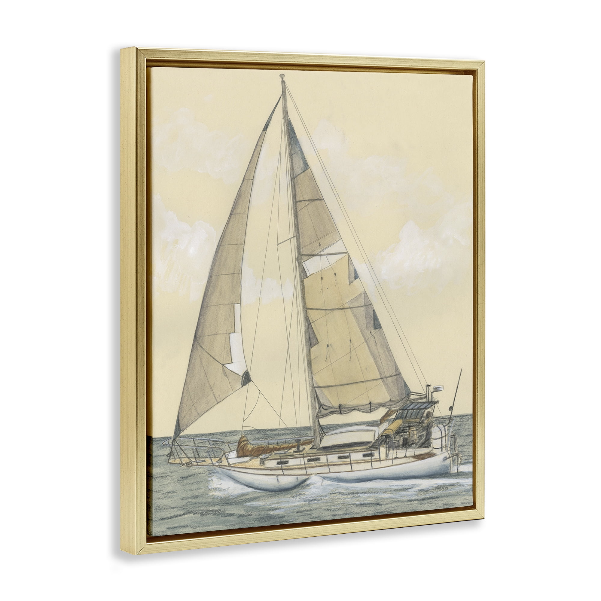Stupell Industries Detailed Sailboat View Transportation Painting Gold Floater Framed Canvas Art Print Wall Art, 25 x 31