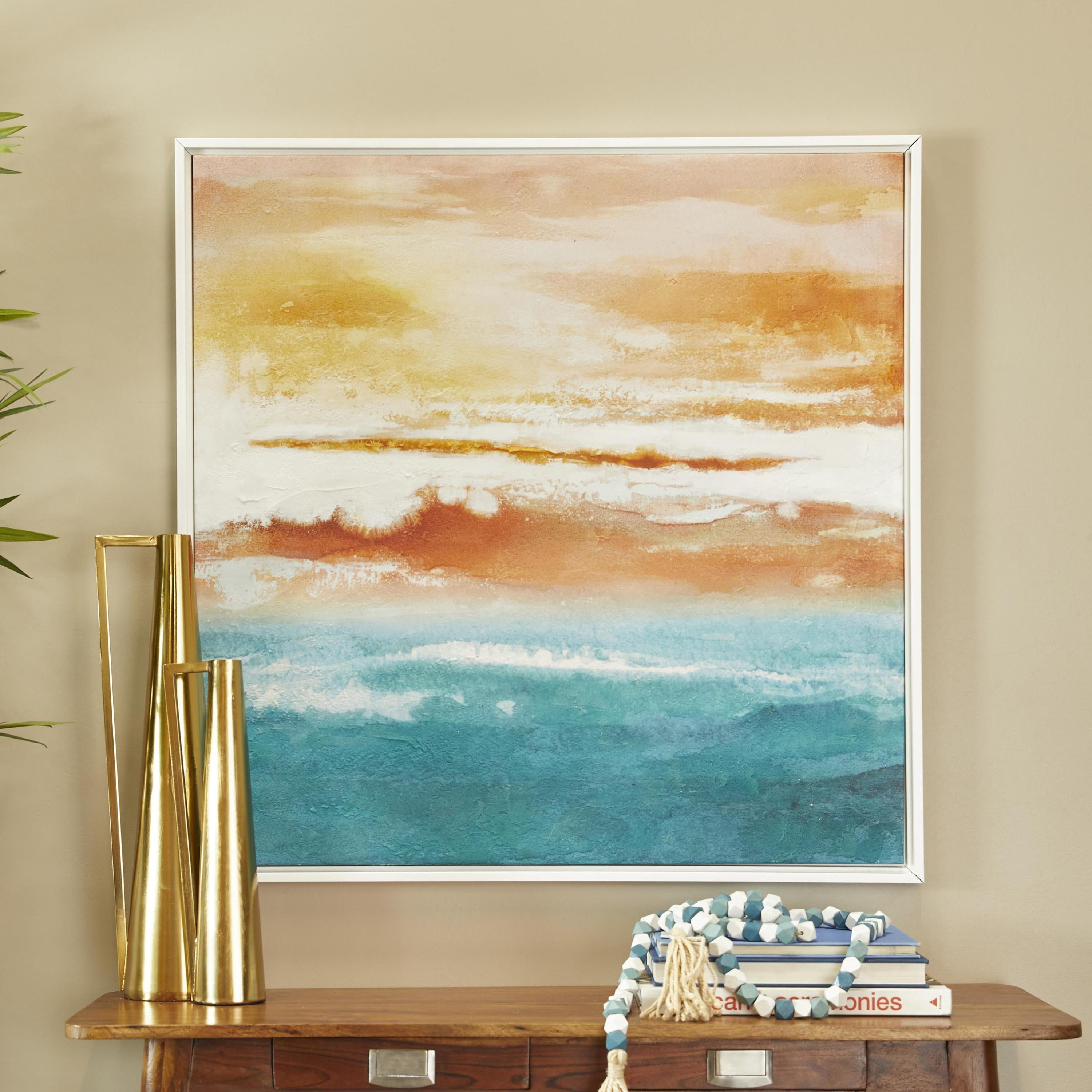 37" x 37" Abstract Sunset Landscape Framed Wall Art with White Frame, by DecMode