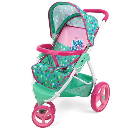 Baby Alive: Doll Jogging Stroller - Green, Pink, Hearts - Accessory For Dolls Up To 24", Foldable Design, Retractable Canopy, Storage, Kids Toy Age 3 