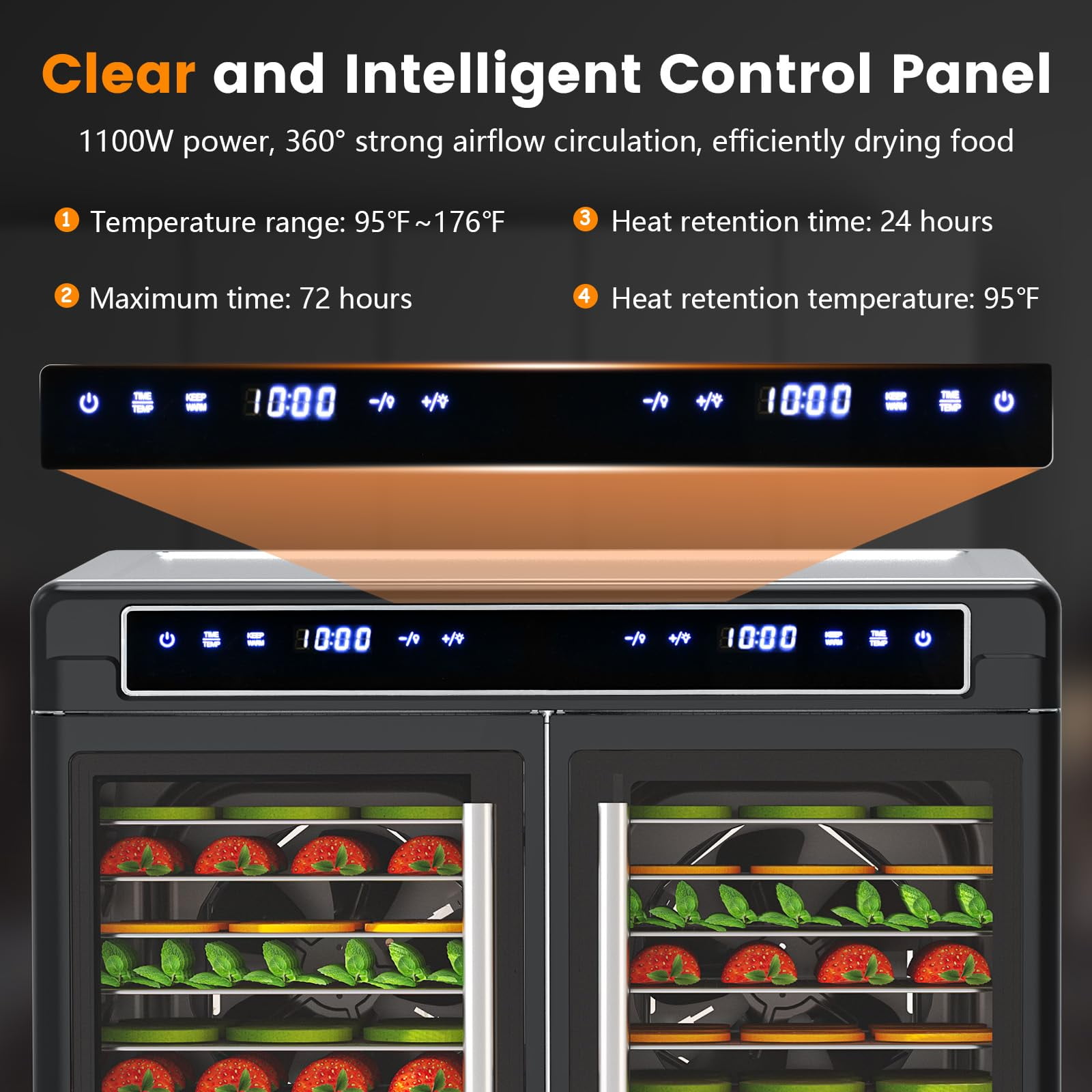 Auseo 1200W Food Dehydrator, Dehydrator Machine with Digital Pannel, Adjustable Temperature & 72H Timer, 2 Zone, 16 Trays for Fruits, Vegetables and Meat