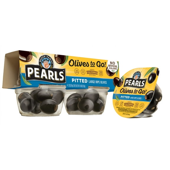 Pearls Black Pitted Large California Ripe Olives, 4 Pack, 1.2 oz. Cup. Major Allergens Not Contained.