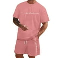 thumbnail image 2 of EliteGoogv Two Piece Sets For Men Short Sleeve Crew Neck Letter Print T Shirt Drawstring Shorts Side Pockets Summer Vacation Clothing Mens Shorts Sets Watermelon Red, 2 of 5