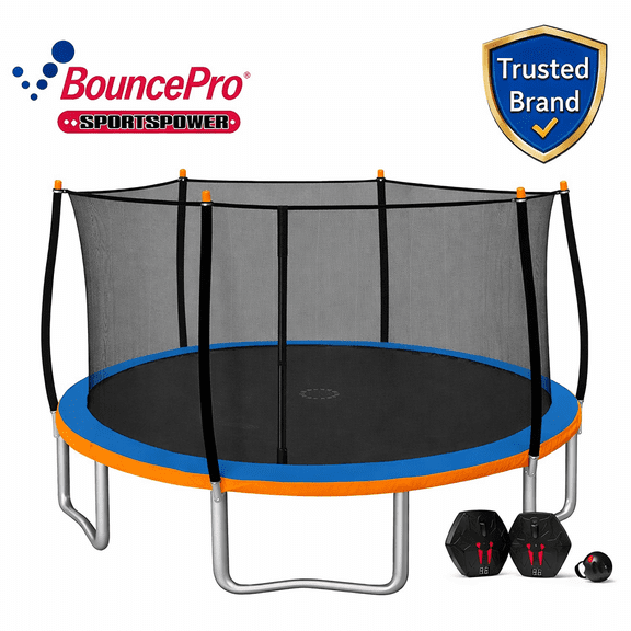 Bounce Pro 14' Round Trampoline with Electron Shooter Game in Blue and Orange