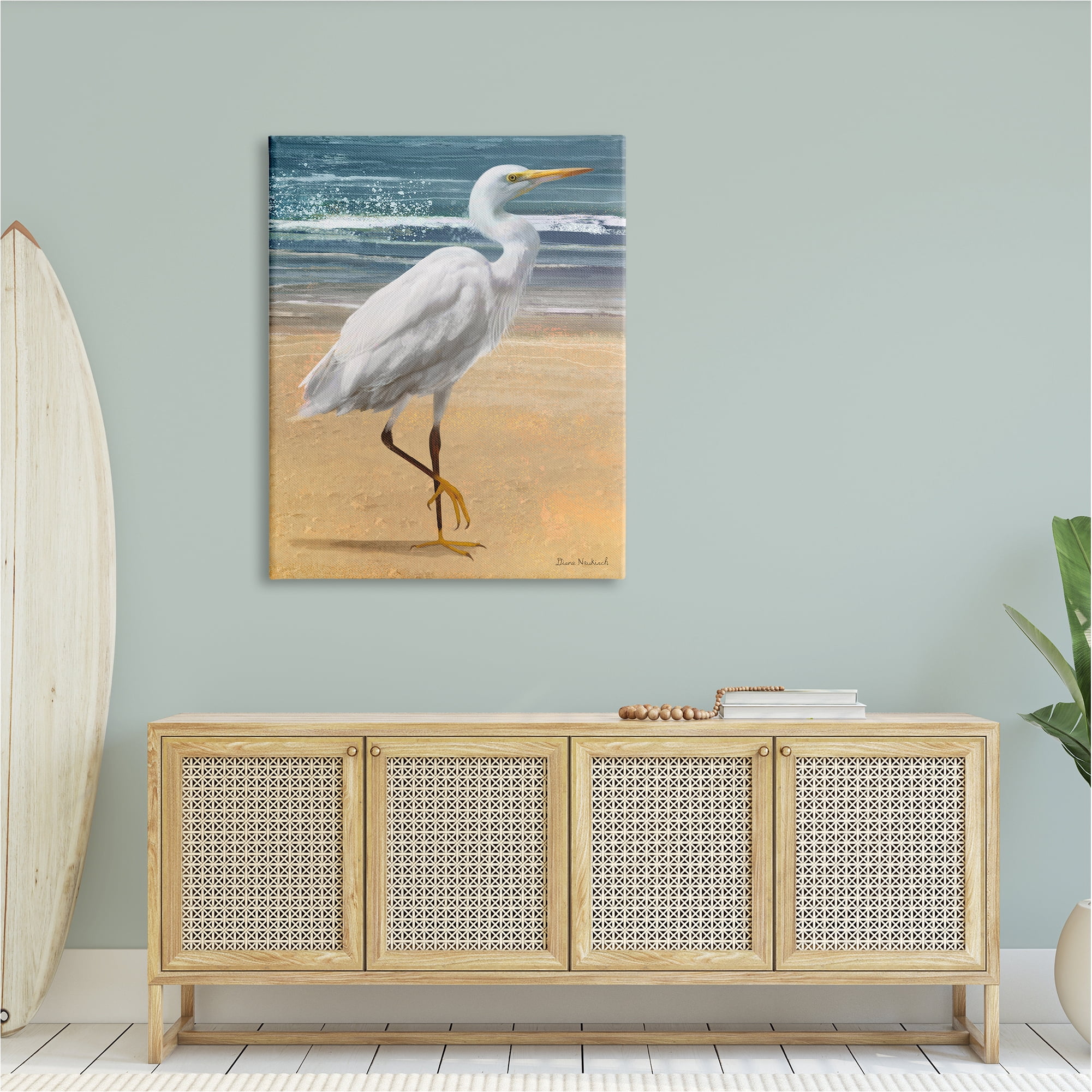 Stupell Industries White Heron Bird Standing Beach Shoreline Waves Painting Gallery Wrapped Canvas Print Wall Art, Design by Diane Neukirch