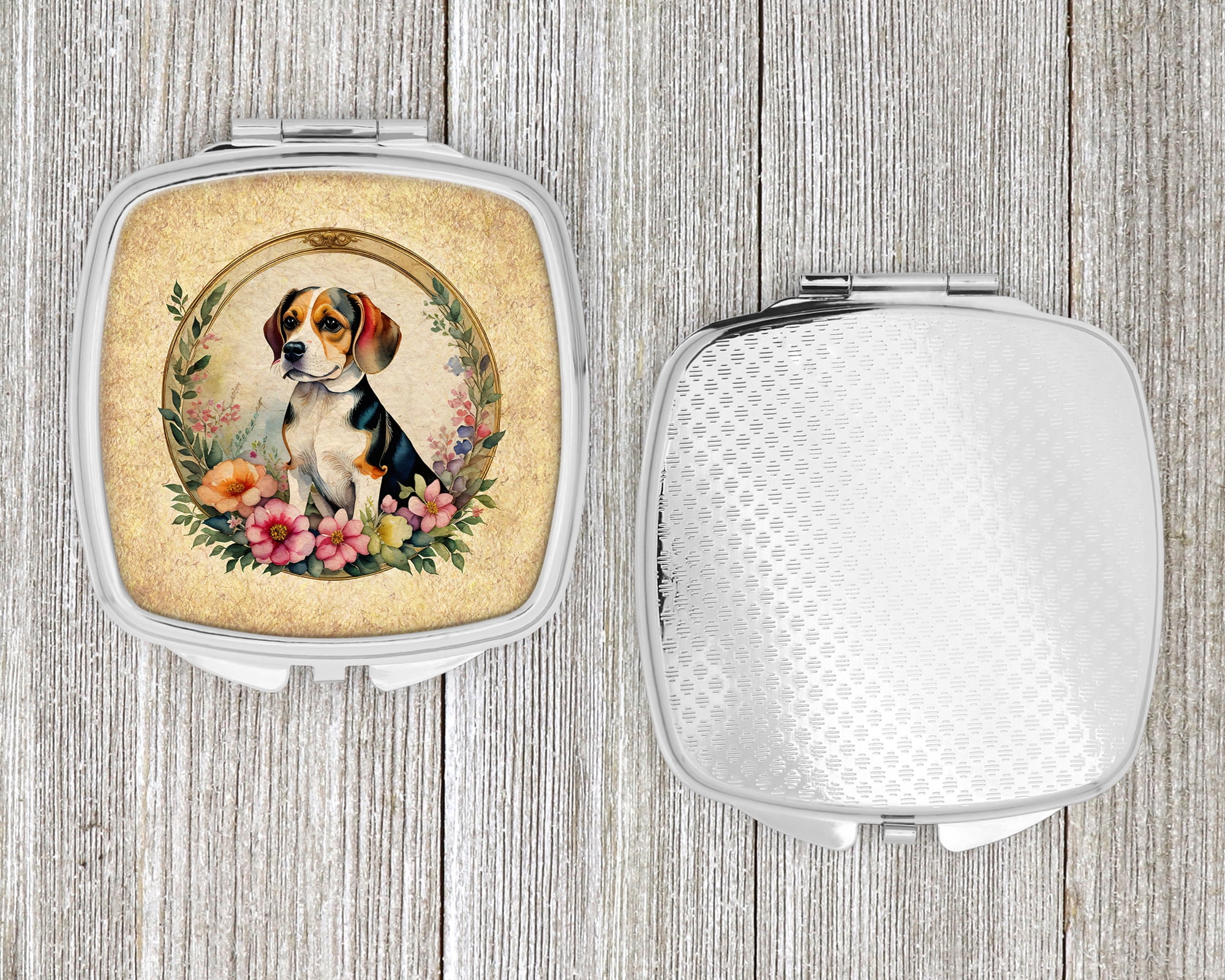 Beagle and Flowers Compact Mirror 2.75 in x 3 in