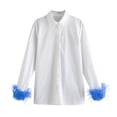 thumbnail image 4 of Womens Tee Fashion Solid Turndown Feather Long Sleeves Button Loose Womens formal Shirts,Blue,M, 4 of 5