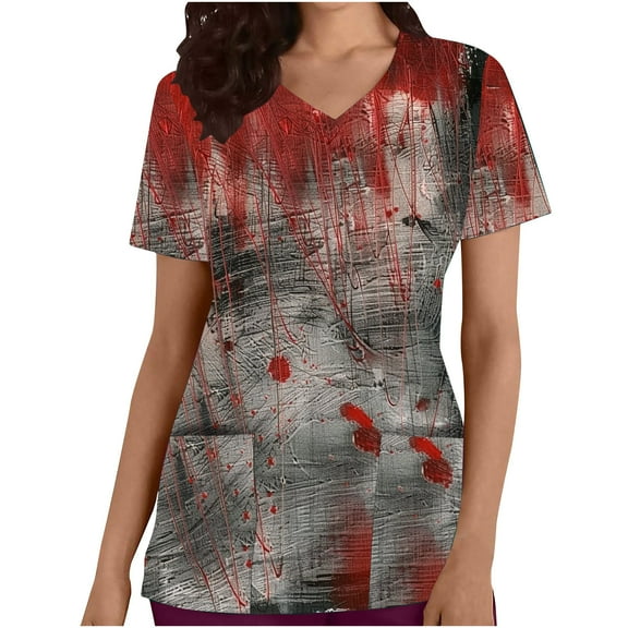 AGWOLF Women Nursing Scrubs Halloween Print Working Uniform Tops Short Sleeve V-Neck Workwear Blouse T-shirt with Pockets Womens Scrubs Clearance