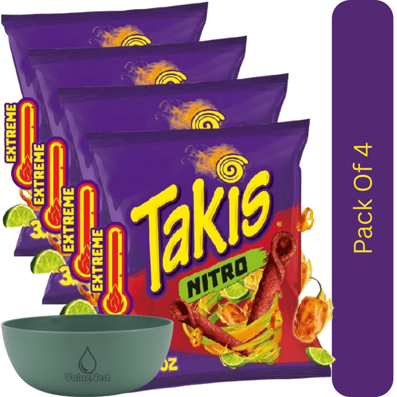 Takis Nitro Habanero & Lime Rolled Tortilla Chips, Bold Crunch, 3.25 oz Snack Size Bag With Olive Green Bowl By ValueNest