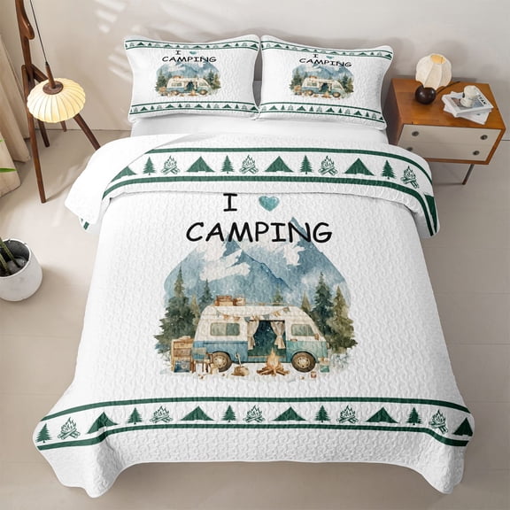 Catabedysis Watercolor Camping Quilt Full,Camper Mountain Print Full Bedspread Sets For Boys,Multicolor,3 Pieces