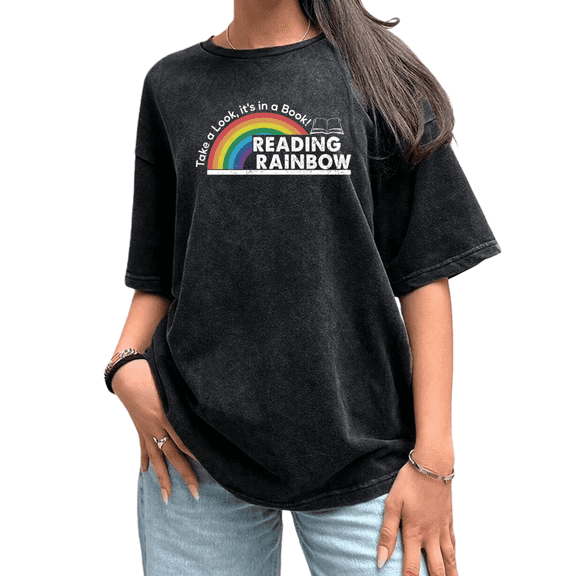 Reading Rainbow Take A Look Black Washed Rainbow Book Print Tshirt Graphic Tees Shirts Short Sleeve S-2XL Tops