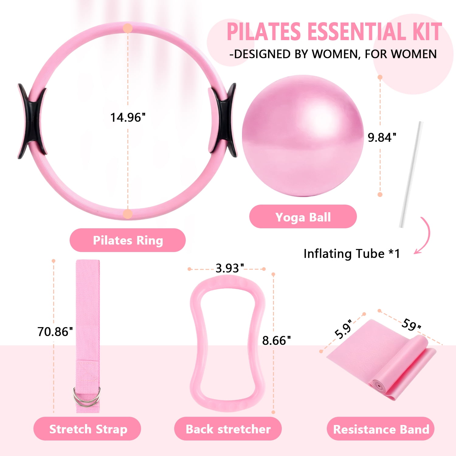 Merryhome  5‑in‑1 Pilates Ring Set – 15" Pilates Ring, 9.8" Mini Ball, 70" Stretch Strap, Resistance Band, NBR Material, Home Workout Kit for Women