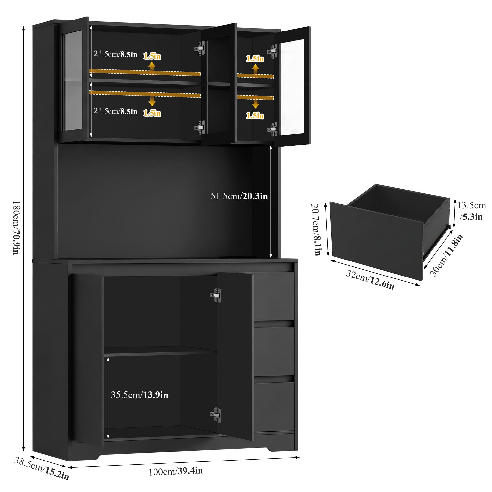 Homfa 70.9'' Kitchen Pantry Cabinet with Charging Station and LED Light, 3 Drawers Buffet Storage Cabinet with Glass Doors and Adjustable Shelves, Black