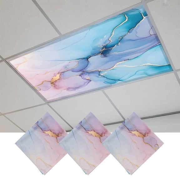 Blue Purple Pink Marble Fluorescent Light Covers, Modern Ink Painting Abstract Art Magnetic Light Covers for Ceiling Lights, Fluorescent Ceiling Shade for Classroom Bedroom Office 4x2Ft x 3PCS