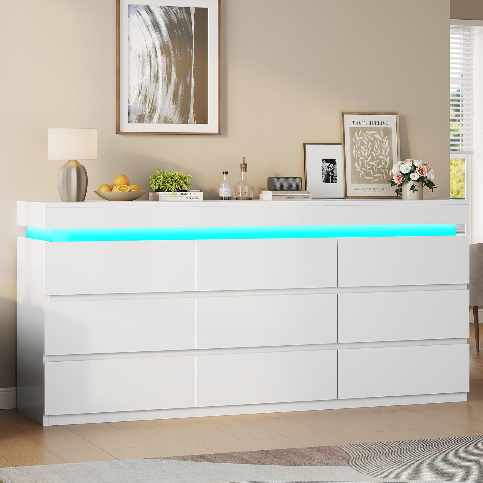 Afuhokles Wide Dresser TV Stand with 9 Drawers Dresser for Bedroom Chests of Drawers for Living Room, White