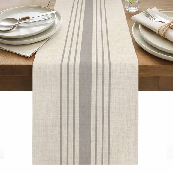 Grey Striped Table Runner - 70 Inch Long, Kitchen Dining Table Runner Dresser Scarves, Beige Geometric Modern Minimalist Farmhouse Decor for Coffee Tables Wedding Party Banquet