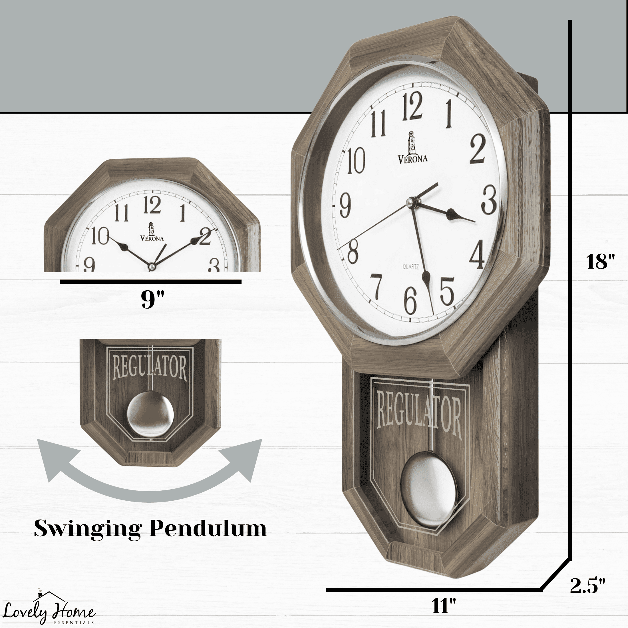 Pendulum Wall Clock - Real Wood Regulator Clock - Rustic, Farmhouse Schoolhouse Design - Quiet, Non-Chiming, Wooden & Battery Operated - Decorative Grey Ash Decor for Living Room, Home, Office 18x11