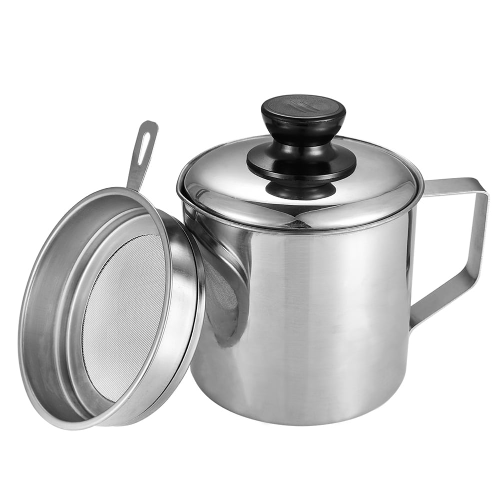 Grease Can for Kitchen Restaurant Use Stainless Steel Oil Storage Catcher Container 10cm Bacon Grease Keeper Container with Strainer Silver