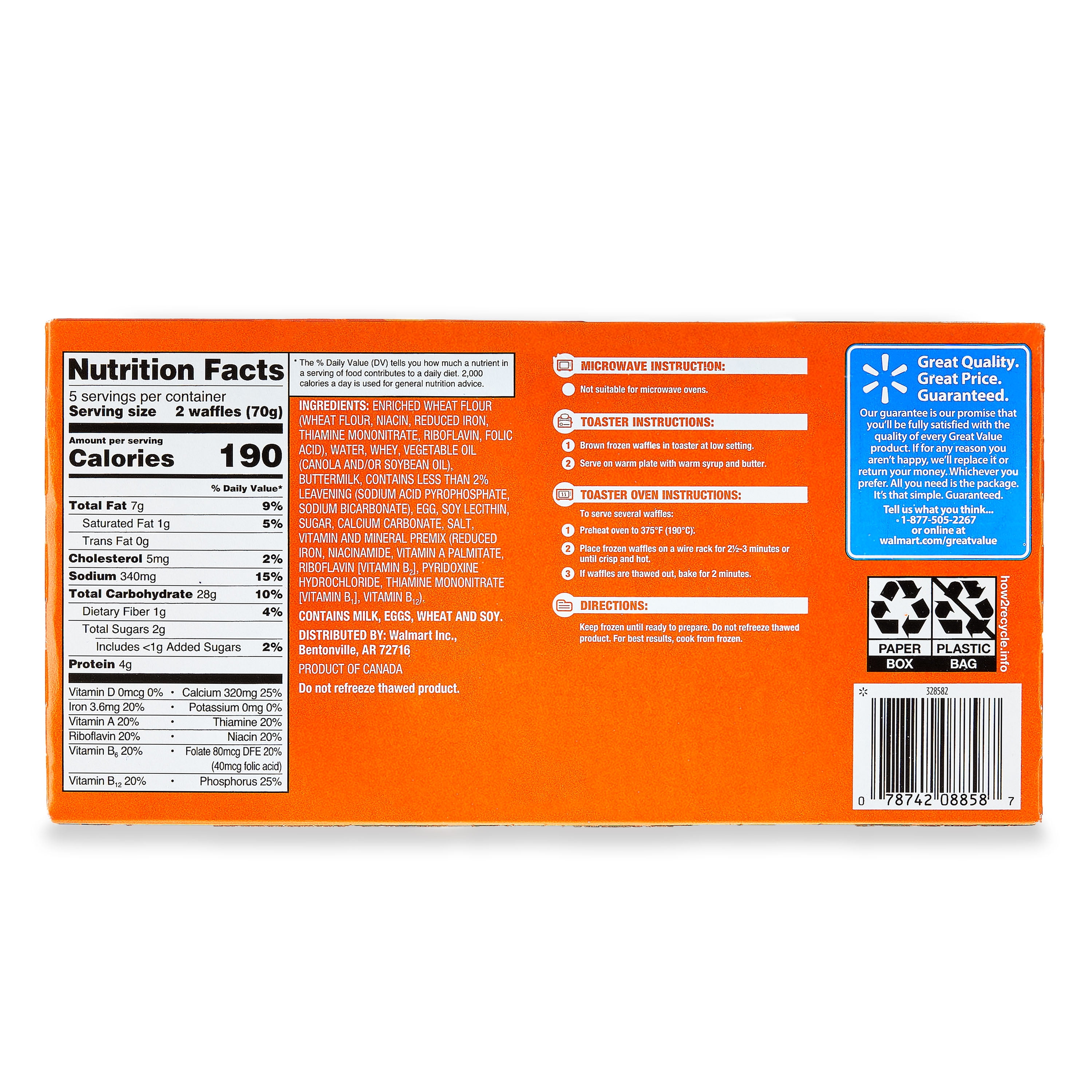 Great Value Buttermilk Waffles, 12.3 oz, 10 Count (Frozen)