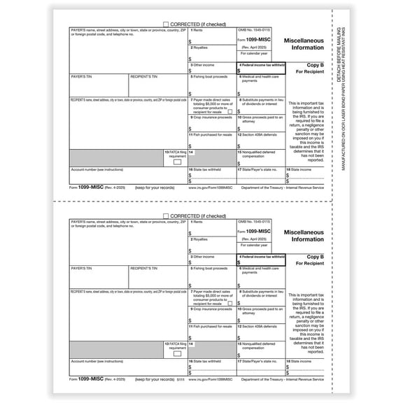 ComplyRight 2025 1099-MISC Tax Form 1-Part 2-Up Recipient Copy B 50/Pack (511150)