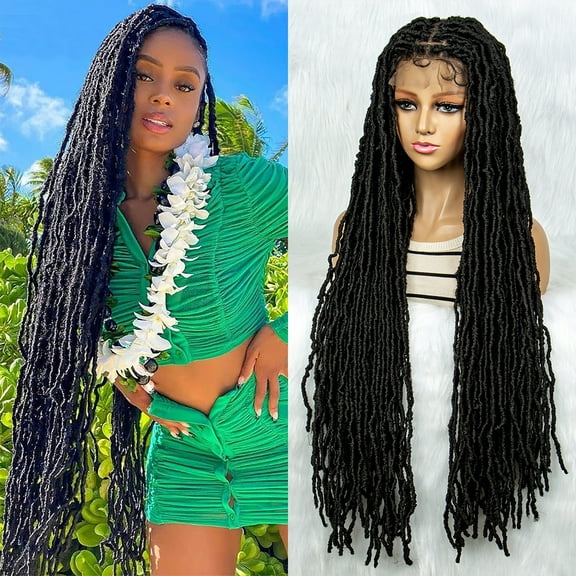 Locs Braided Wigs 36 Inches Full Double Lace Nateral Balck Square Knotless Dreadlock Braiding Wig with Baby Hair for Black Women Synthetic Lace Frontal Long Cornrow Box Braided Wigs (1B)