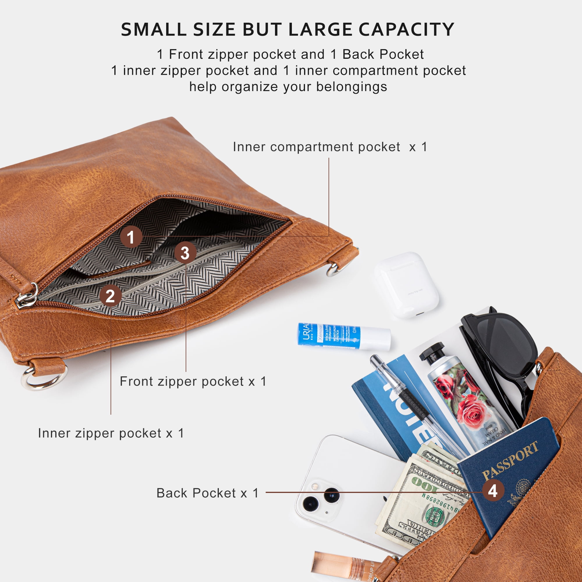 Women's Soft Vegan Leather Crossbody Bag, 2 Interchangeable Straps, Multi-Pocket Spacious Shoulder Purse for Commute, Work, Travel, Shopping & Daily Use, Brown