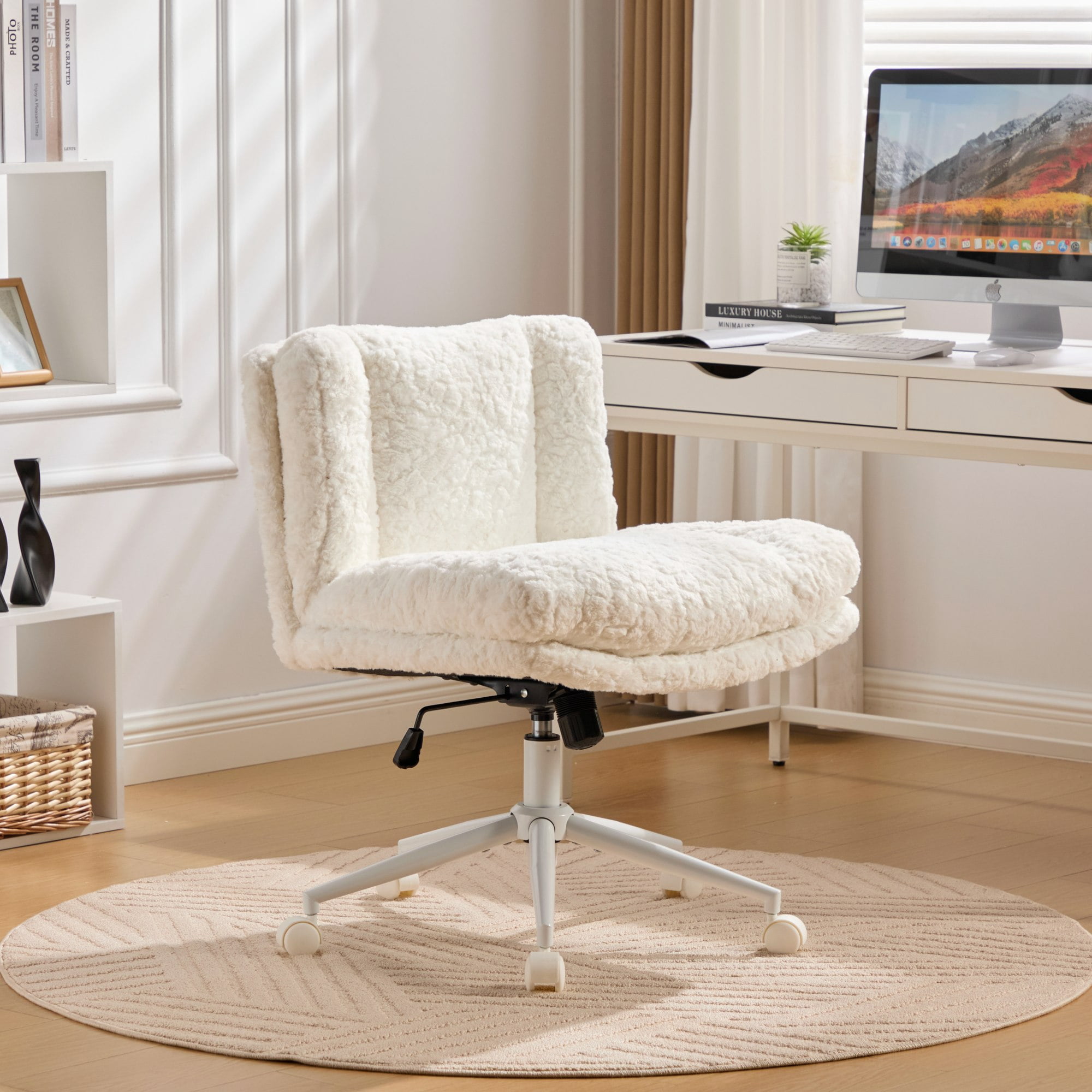MAYEERTY 26.4 Inch Wide Seat Office Chair - Artificial Rabbit Hair, Metal Base, Adjustable Swivel, Vanity Chair, Cream