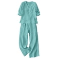 thumbnail image 3 of Womens Summer Casual Two Piece Sets V Neck Long Sleeve Tops Wide Leg Pants Casual Travel Lounge Set Track Suits, Beach Outfits(Mint Green,S), 3 of 3