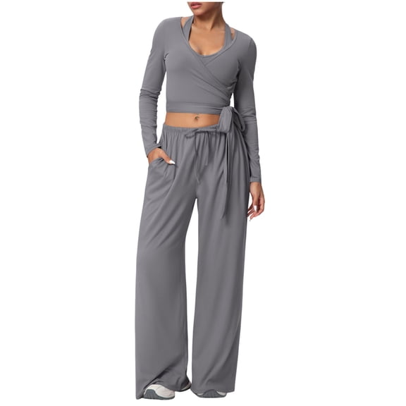 ZUKMRJPC Women 2 Piece Outfits Long Sleeve V Neck Wrap Crop Tops Drawstring Wide Leg Pants Tracksuit Casual Comfy Workout Yoga Sets