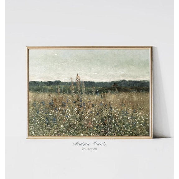 Wildflower Field Vintage Poster, Neutral Country Wall Art, Meadow Landscape, Antique Rustic Farmhouse Decor, F03-39, Unframed Poster Size 16x24