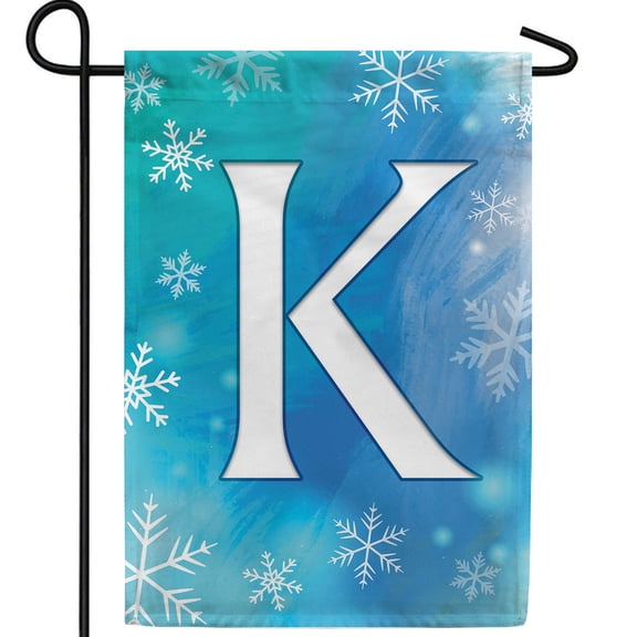 America Forever Winter Monogram Letter K Garden Flag Vertical Double Sided 12.5 x 18 inches Blue Snowflake Winter Holiday Seasonal Flags for Outdoor, Yard, Porch Decoration Snowfall Garden Flag
