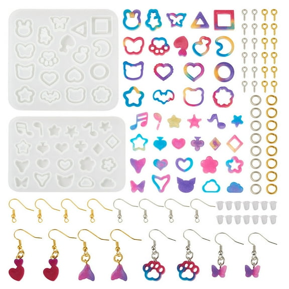 DIY Earring Making Kits including Star/Heart/Flower Silicone Molds Brass Earring Hooks & Jump Rings Plastic Ear Nuts Iron Screw Eye Pin Peg Bails Platinum & Golden 302pcs/set