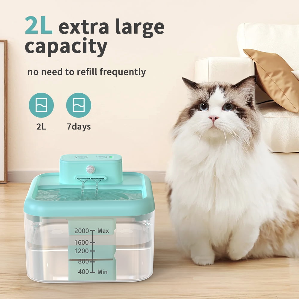 MASBRILL Wireless Cat Water Fountain 60oz/2L Automatic Water Dispenser For Pets Battery Operated Infrared Induction Cat Fountain,Ultra Quiet Pet Drinking Fountain BPA-Free,Blue