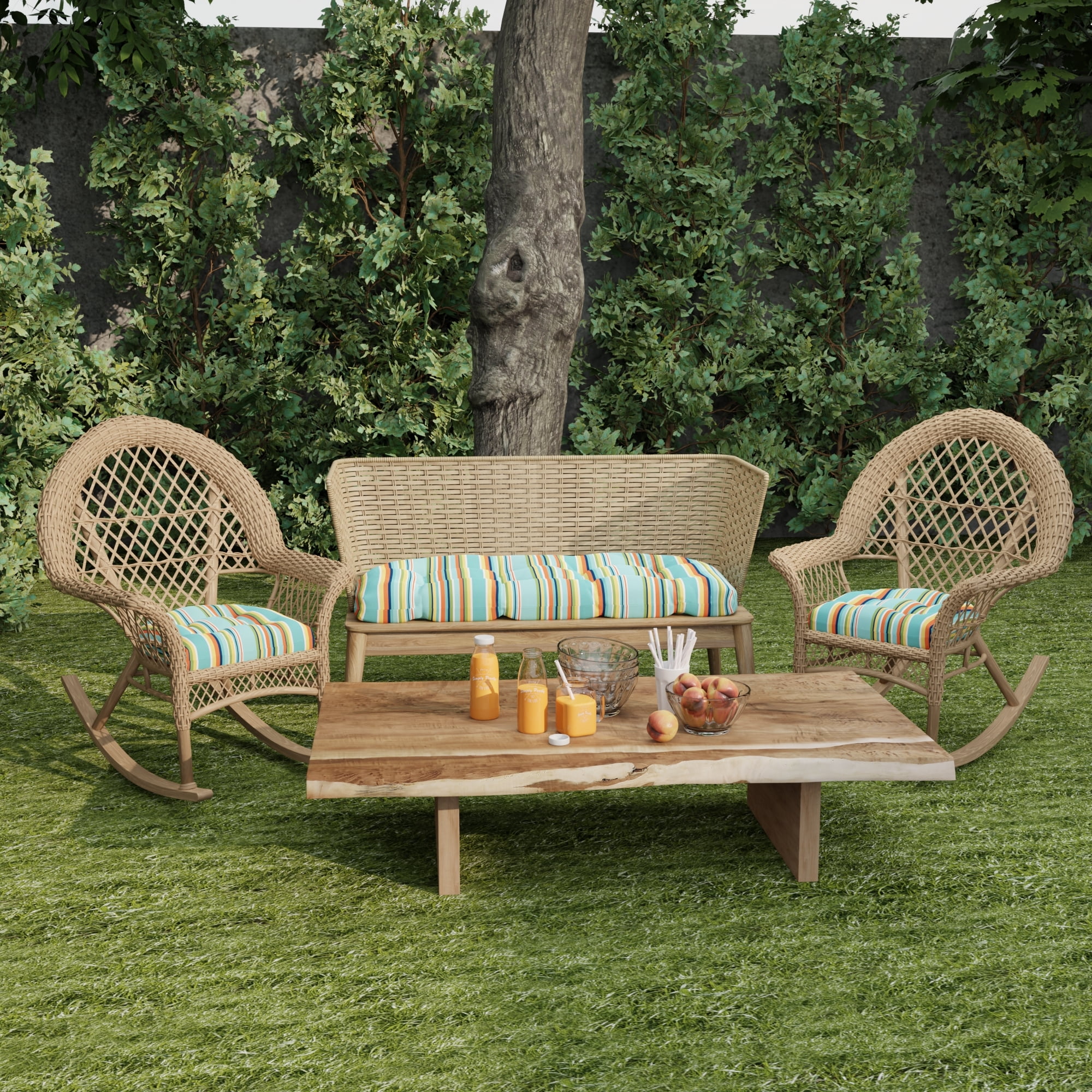 Jordan Manufacturing 18" x 18" Mamba Pelican Blue Stripe Square Tufted Contoured Outdoor Wicker Seat Cushion (2 Pack)