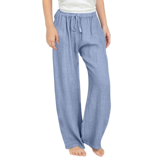 Fesfesfes Girls Casual Smocked High Waist Wide Leg Long Trousers Loose Comfortable Pants for Ages 4-14 Years(Light Blue,10 Years)